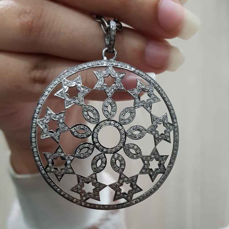 Handmade Designer Fully Pave Diamond Flower With Small Stars Pendent