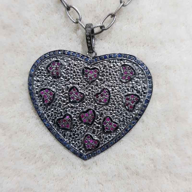 Handmade Designer Pave Diamond Ruby And Sapphire Stone Heart Pendent