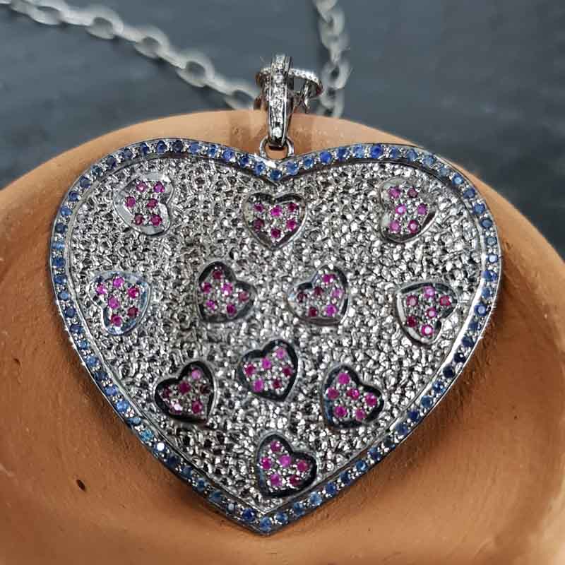 Handmade Designer Pave Diamond Ruby And Sapphire Stone Heart Pendent