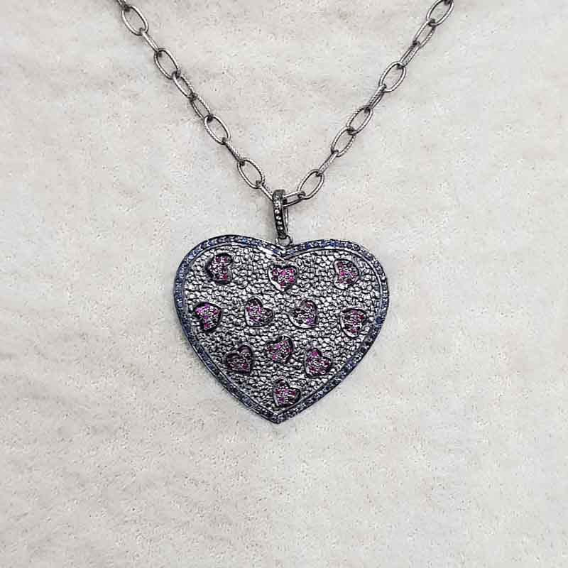 Handmade Designer Pave Diamond Ruby And Sapphire Stone Heart Pendent