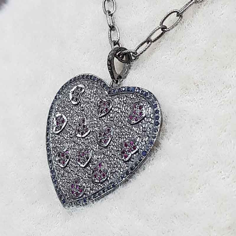 Handmade Designer Pave Diamond Ruby And Sapphire Stone Heart Pendent