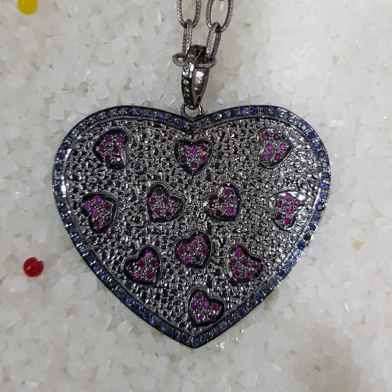 Handmade Designer Pave Diamond Ruby And Sapphire Stone Heart Pendent