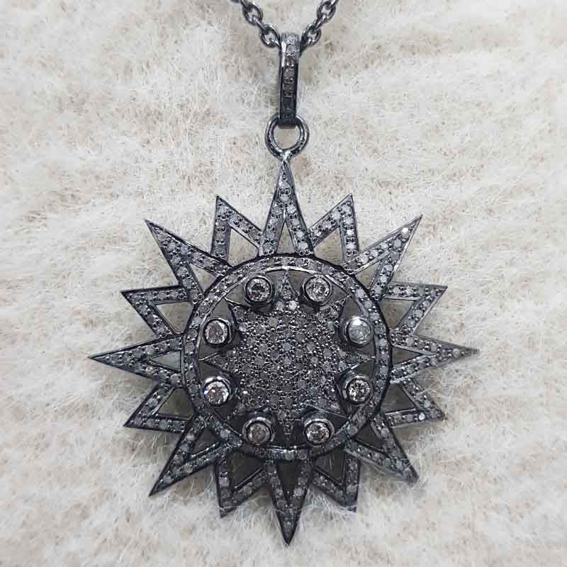 Designer Pave Diamond 925 Sterling Silver Handmade Sunburst Pendent