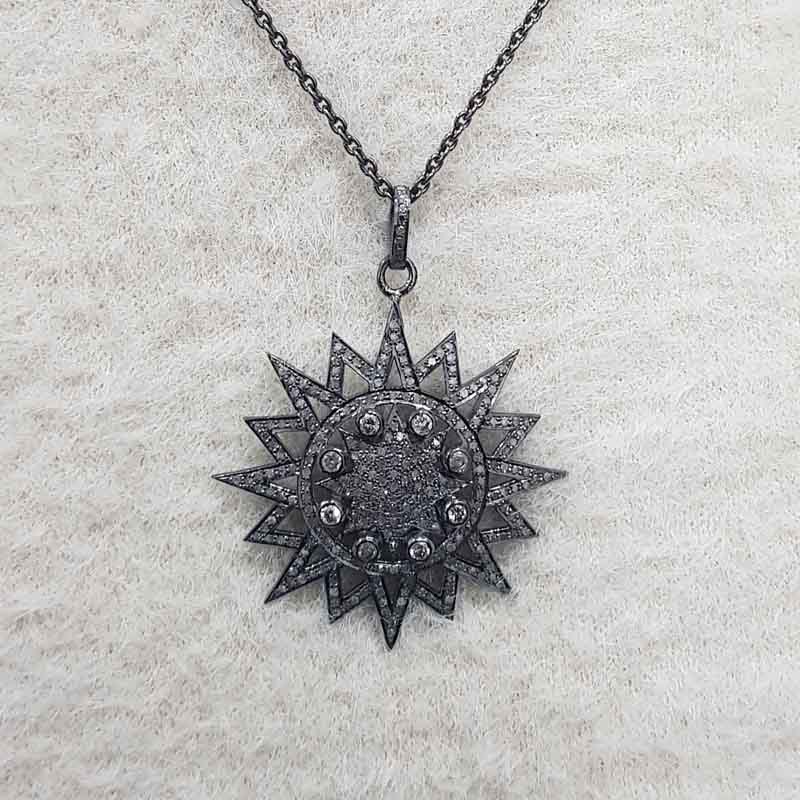 Designer Pave Diamond 925 Sterling Silver Handmade Sunburst Pendent