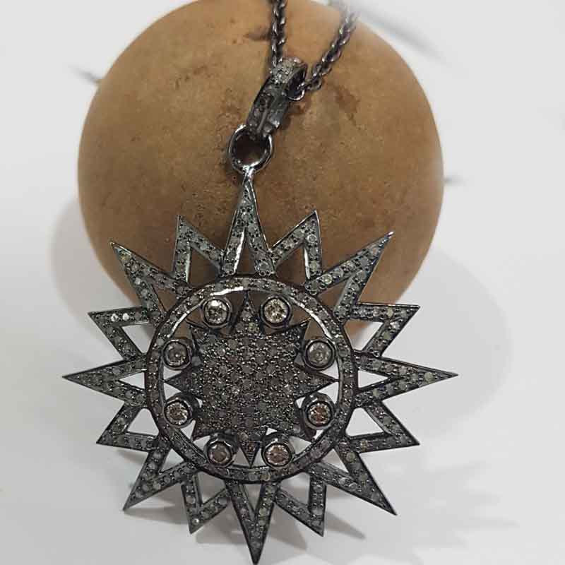 Designer Pave Diamond 925 Sterling Silver Handmade Sunburst Pendent