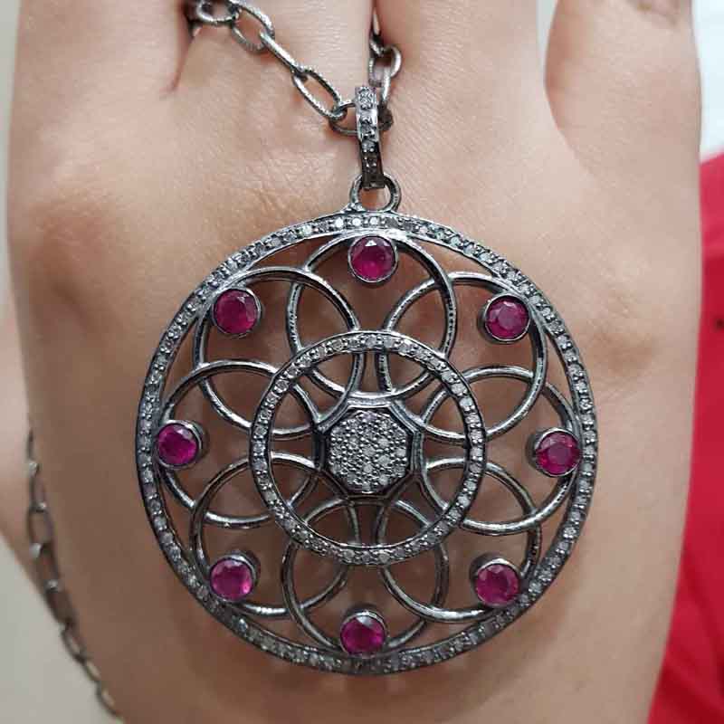 Ruby With pave diamond Handmade Style Flower pendent