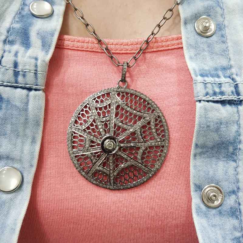 Pave Diamond Handmade Style Spider Web Pendent