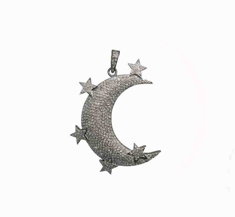 Fully Pave Diamond 925 Sterling Silver Fancy Designer Moon Star Pendant