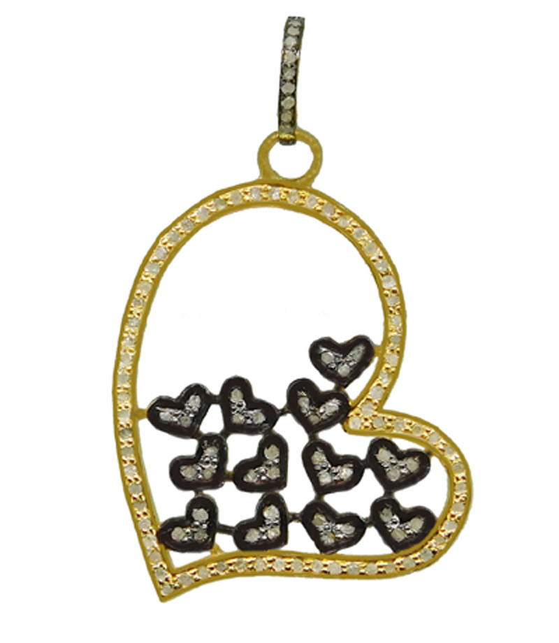 Fancy Style Pave Diamond Heart With Small Pave Hearts Pendant