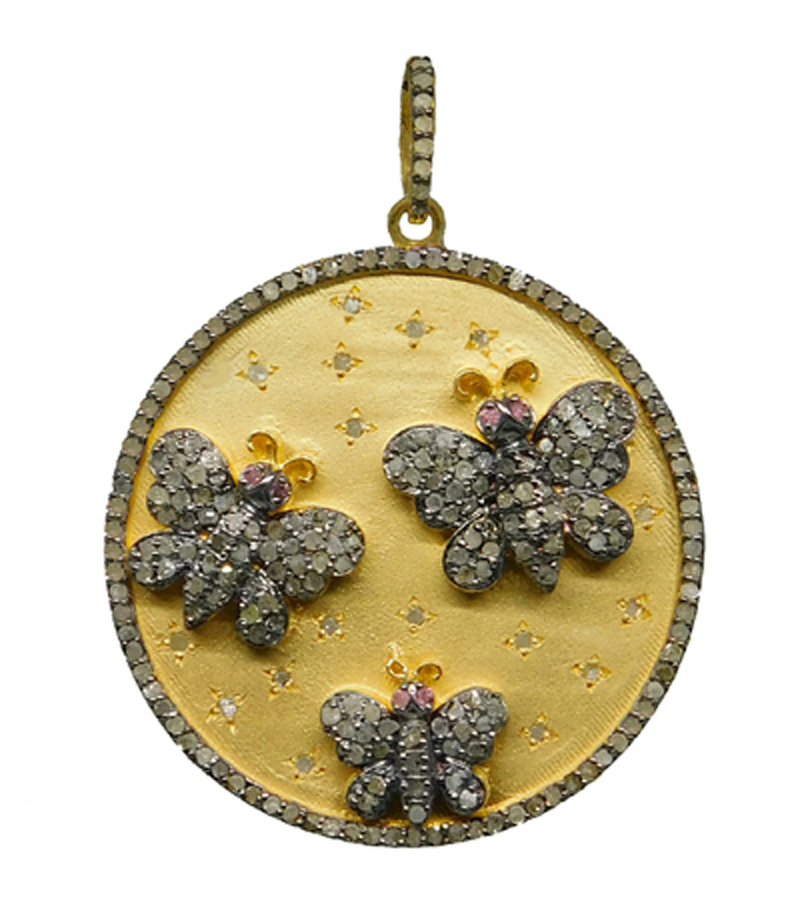 Matte Finish Designer Round Disk Pendent With Beautiful Pave Diamond Butterflies