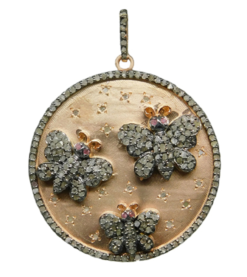 Matte Finish Designer Round Disk Pendent With Beautiful Pave Diamond Butterflies