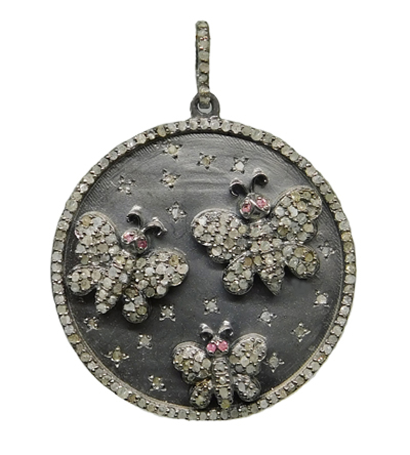 Matte Finish Designer Round Disk Pendent With Beautiful Pave Diamond Butterflies