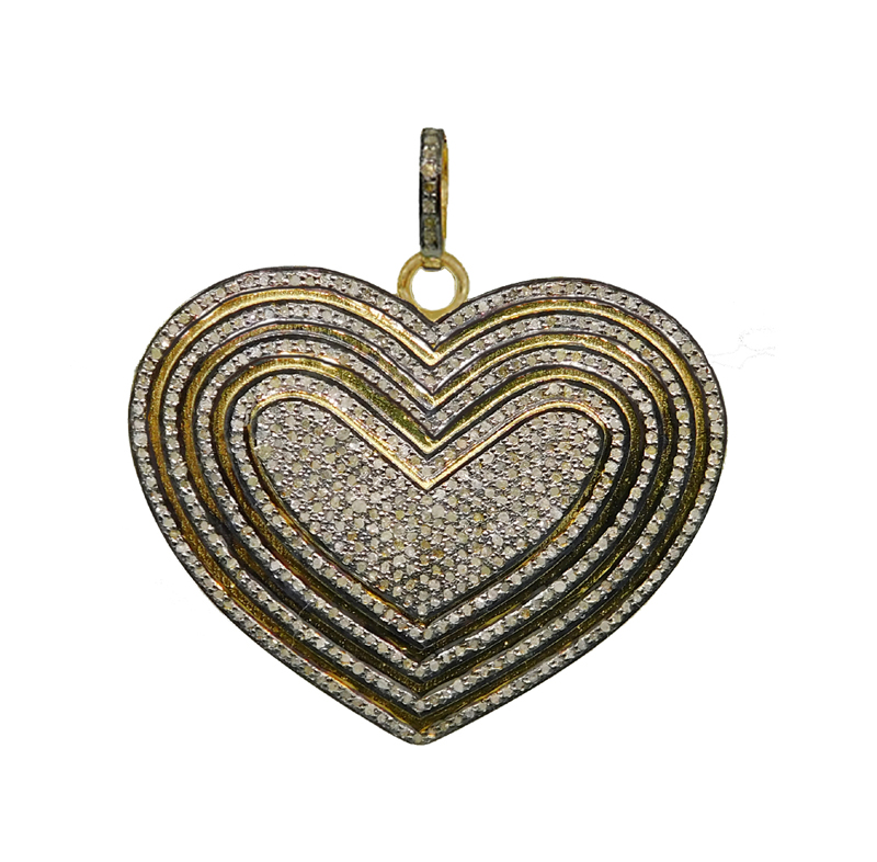 Multi Layers Of Pave Diamonds Beautiful Large Heart Silver Pendant