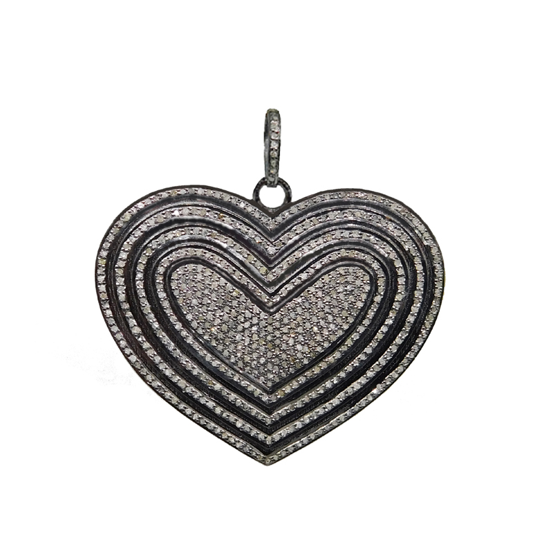 Multi Layers Of Pave Diamonds Beautiful Large Heart Silver Pendant