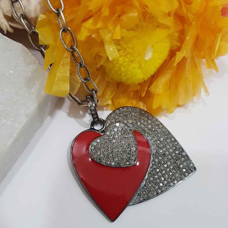 3 Layers Of Heart Red Enamel Pave Diamond pendent