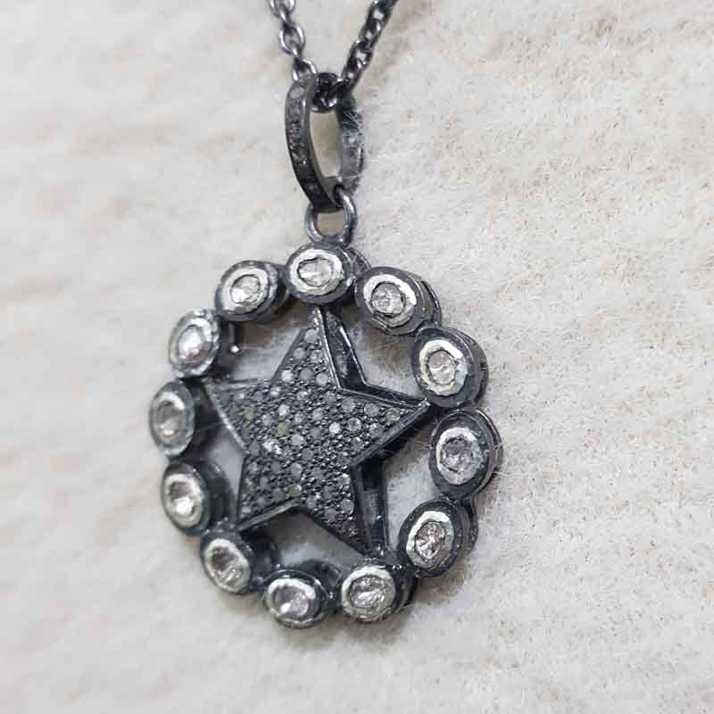 Natural Pave Diamond And Polki Stone Round With Star Pendent