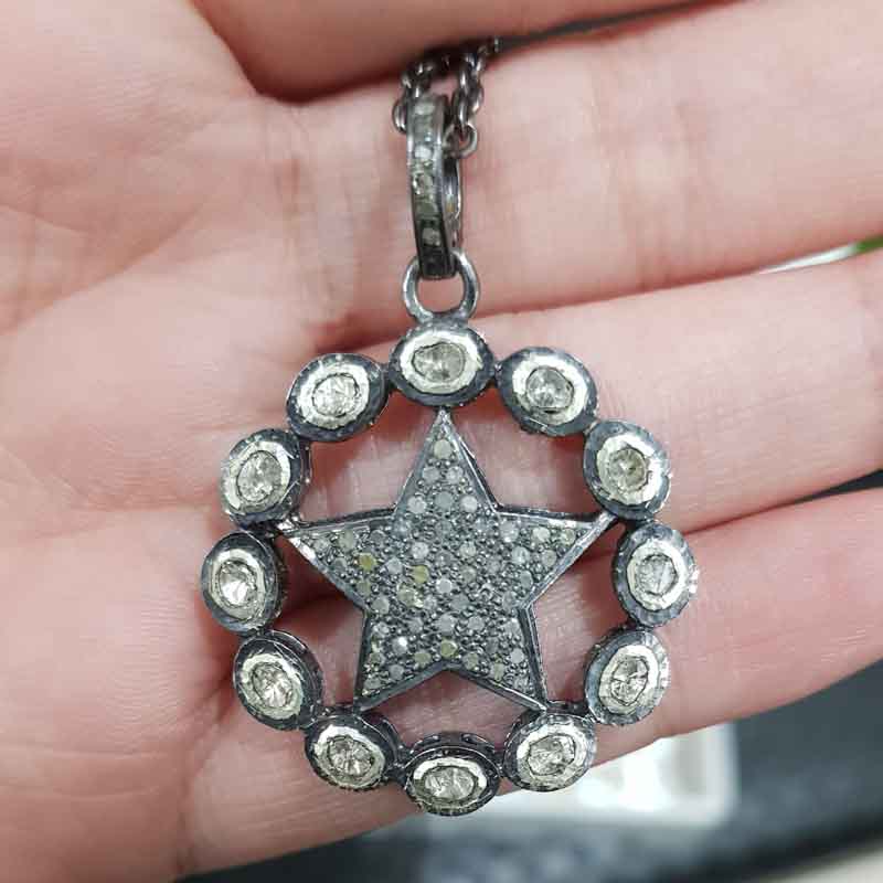 Natural Pave Diamond And Polki Stone Round With Star Pendent