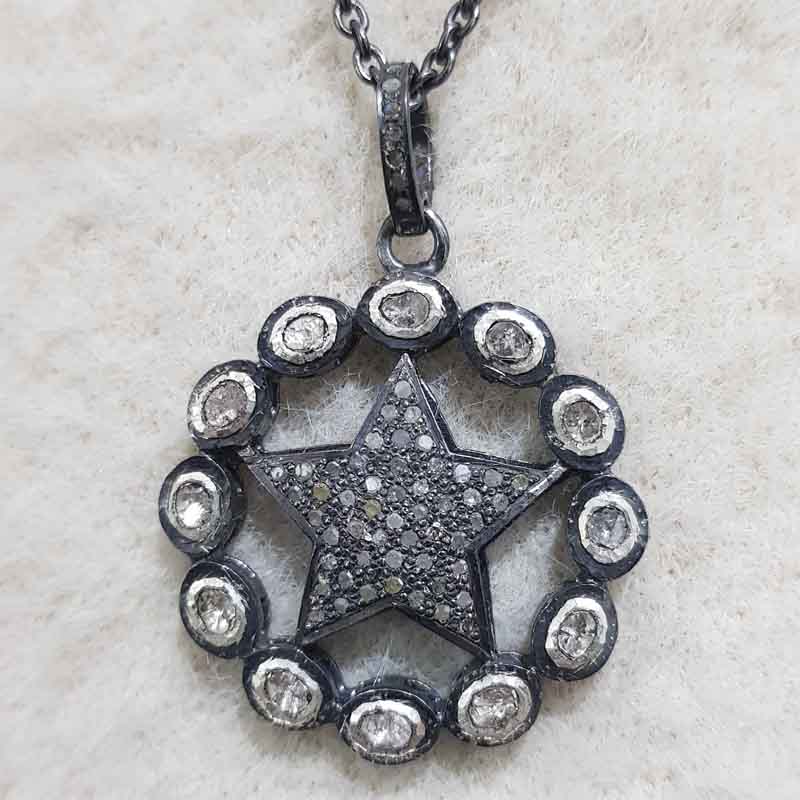 Natural Pave Diamond And Polki Stone Round With Star Pendent