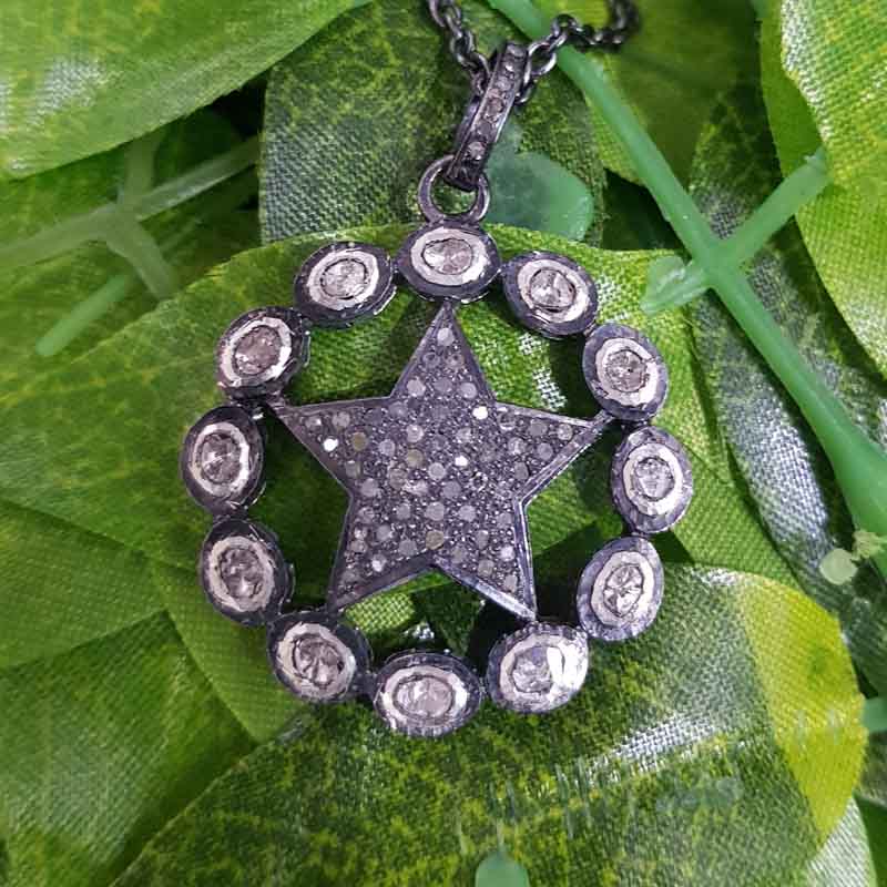 Natural Pave Diamond And Polki Stone Round With Star Pendent