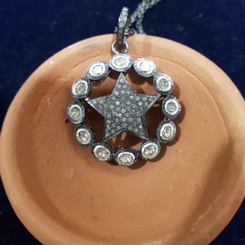 Natural Pave Diamond And Polki Stone Round With Star Pendent