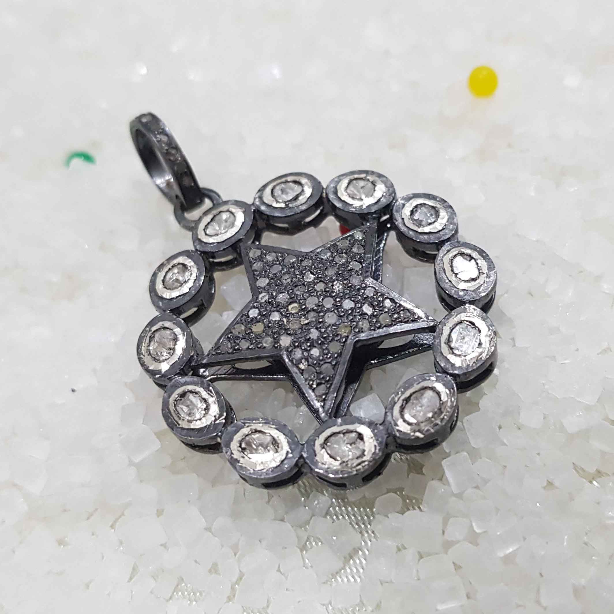 Natural Pave Diamond And Polki Stone Round With Star Pendent