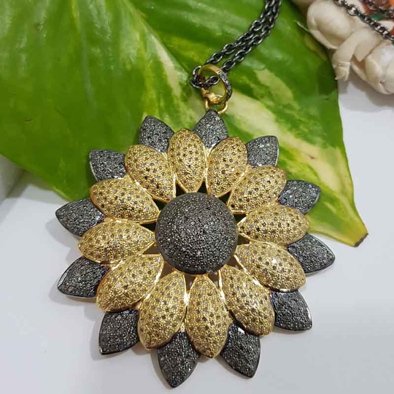 Yellow & Black Pave Diamond Handmade Designer Flower Pendent