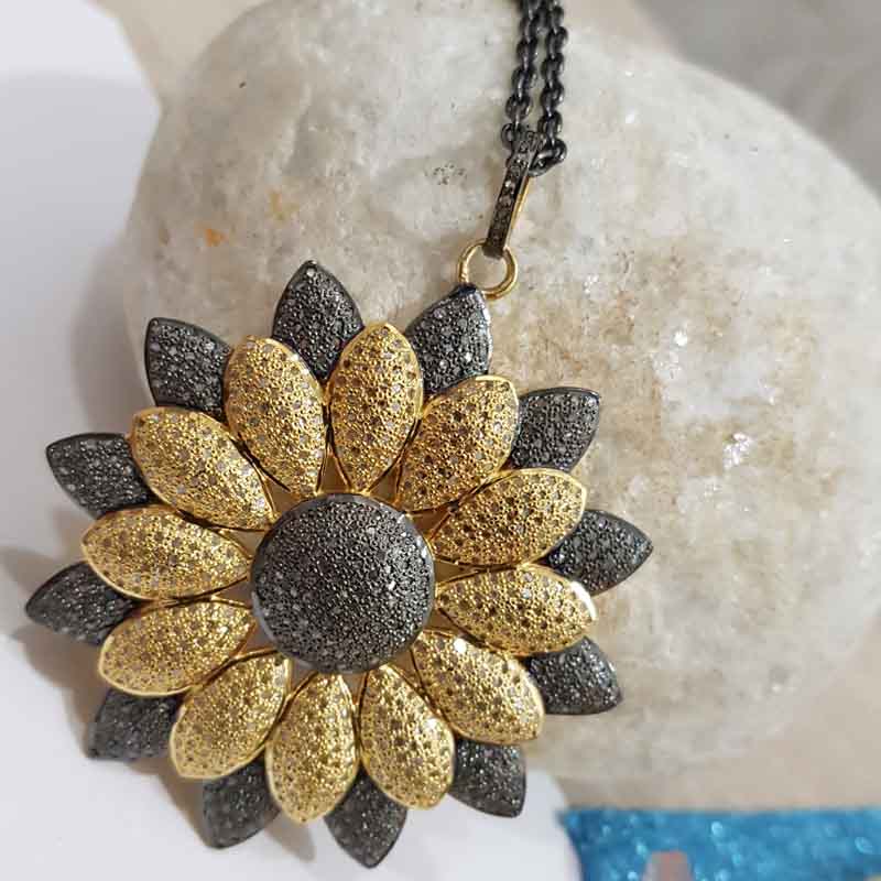 Yellow & Black Pave Diamond Handmade Designer Flower Pendent