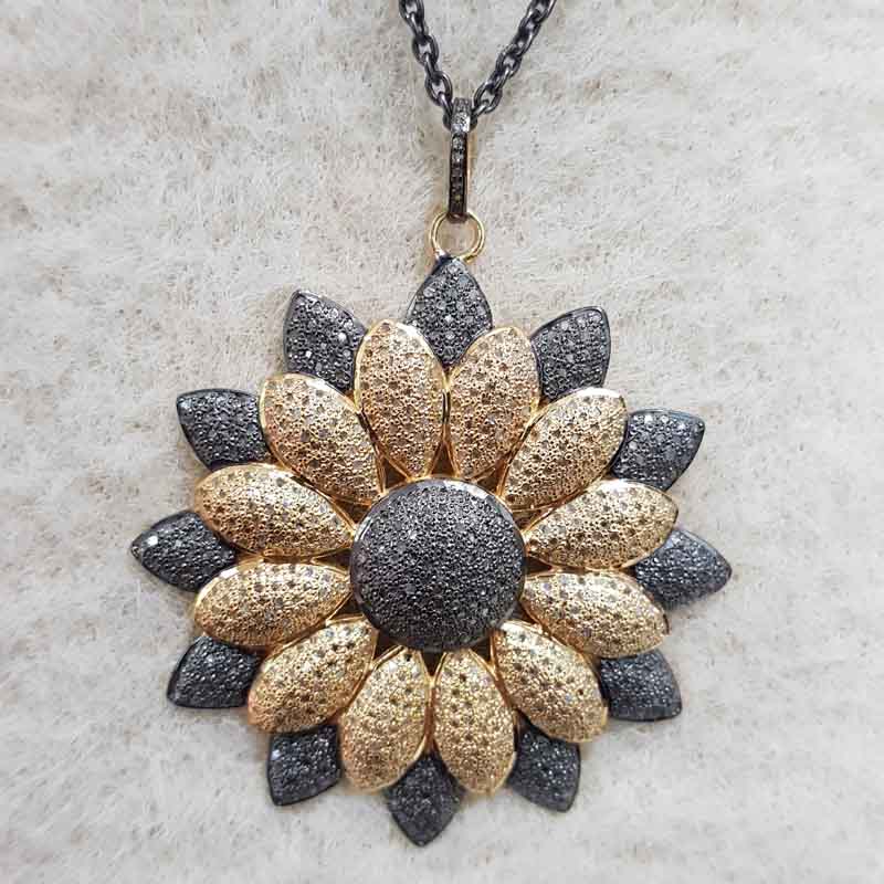 Yellow & Black Pave Diamond Handmade Designer Flower Pendent