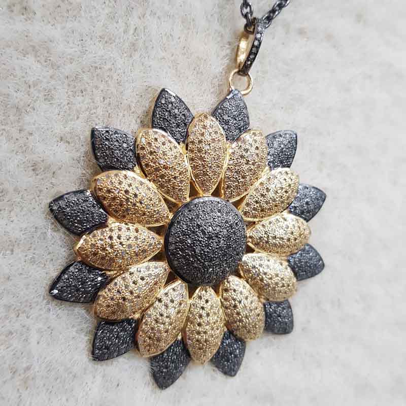 Yellow & Black Pave Diamond Handmade Designer Flower Pendent