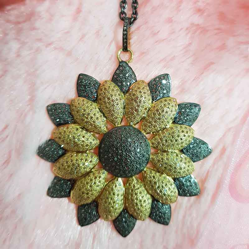 Yellow & Black Pave Diamond Handmade Designer Flower Pendent