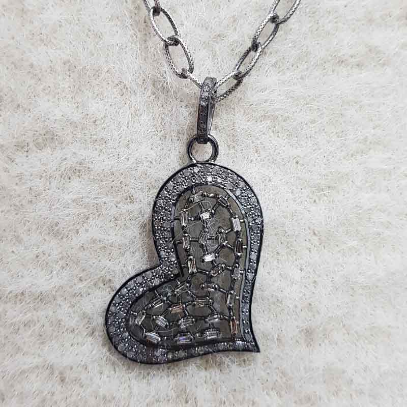 Pave Diamond And Baguette Designer Heart Pendent