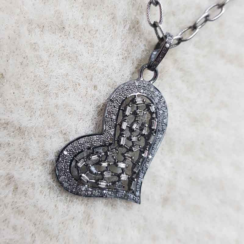 Pave Diamond And Baguette Designer Heart Pendent