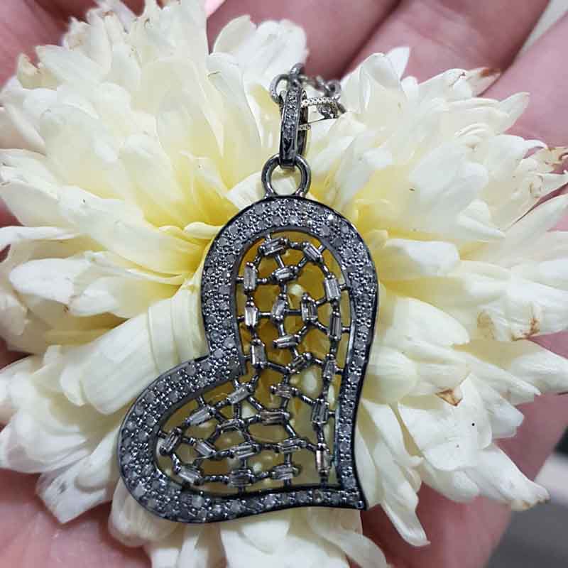 Pave Diamond And Baguette Designer Heart Pendent