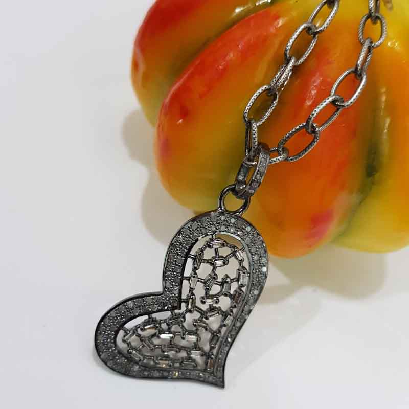 Pave Diamond And Baguette Designer Heart Pendent