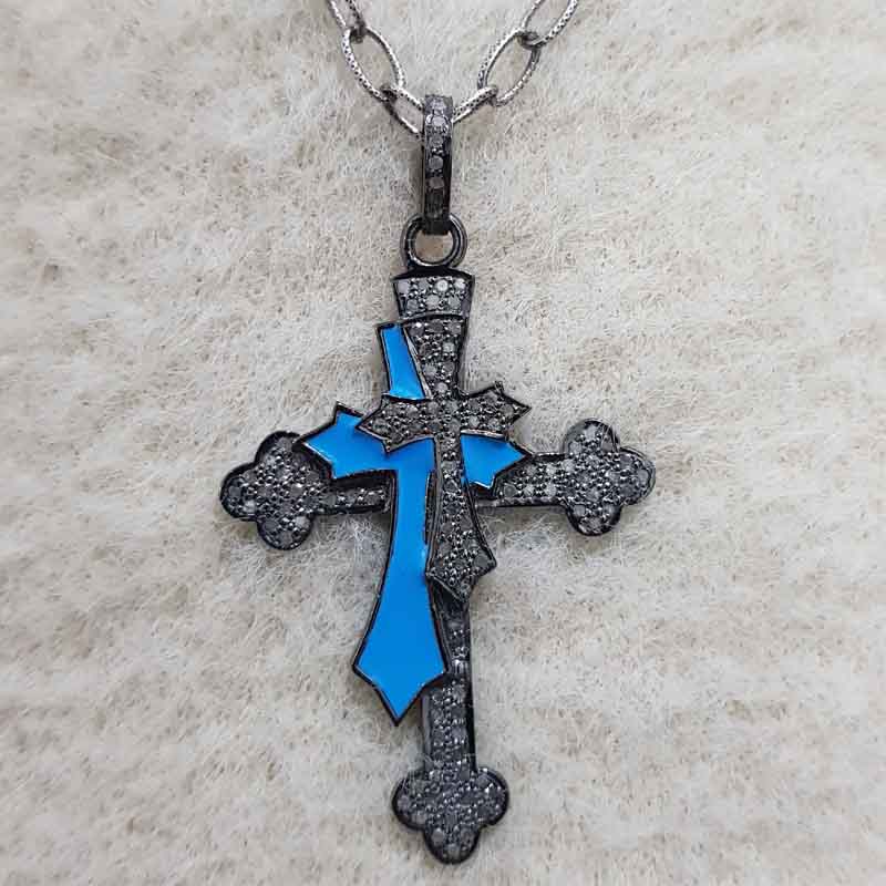 Double Layered Cross Pendent With Turquoise Enamel And Pave Diamond