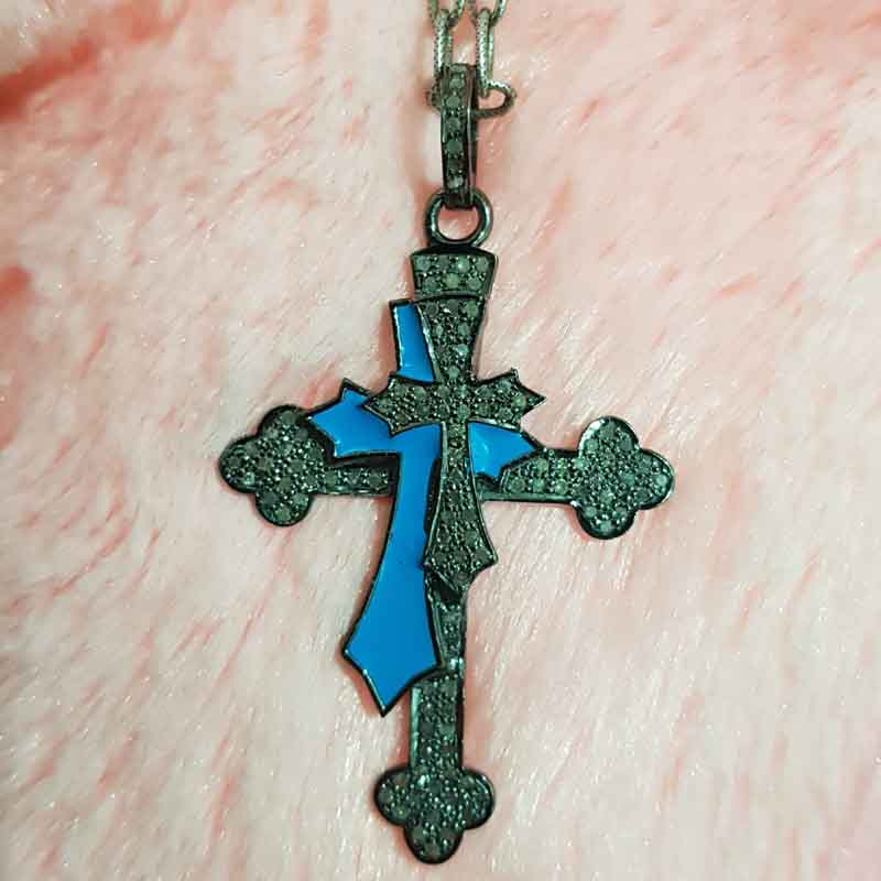 Double Layered Cross Pendent With Turquoise Enamel And Pave Diamond