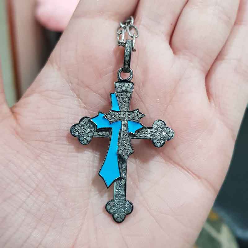 Double Layered Cross Pendent With Turquoise Enamel And Pave Diamond