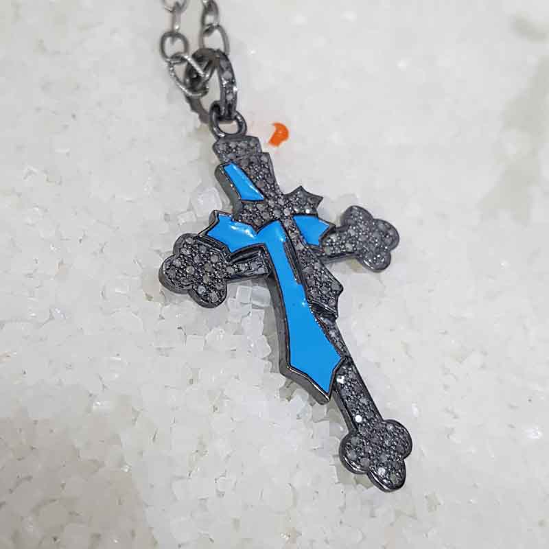 Double Layered Cross Pendent With Turquoise Enamel And Pave Diamond