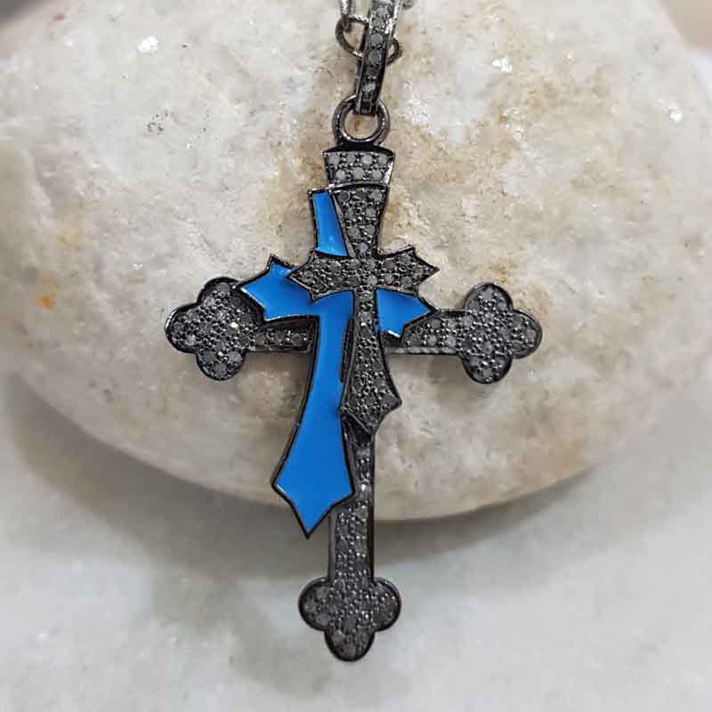 Double Layered Cross Pendent With Turquoise Enamel And Pave Diamond