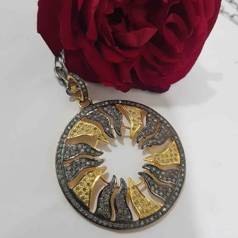 Yellow & Black Fancy Style Round Pendent With Pave Diamond layers