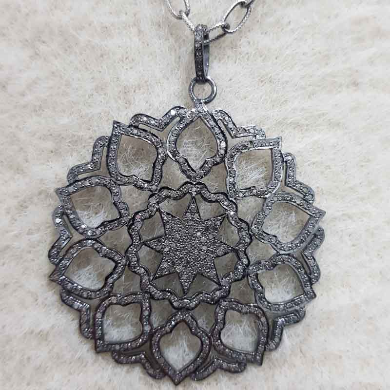 Flower Style Round Designer pave Diamond Silver pendent