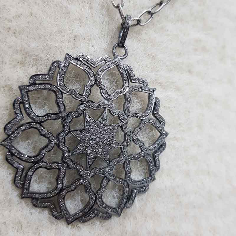 Flower Style Round Designer pave Diamond Silver pendent