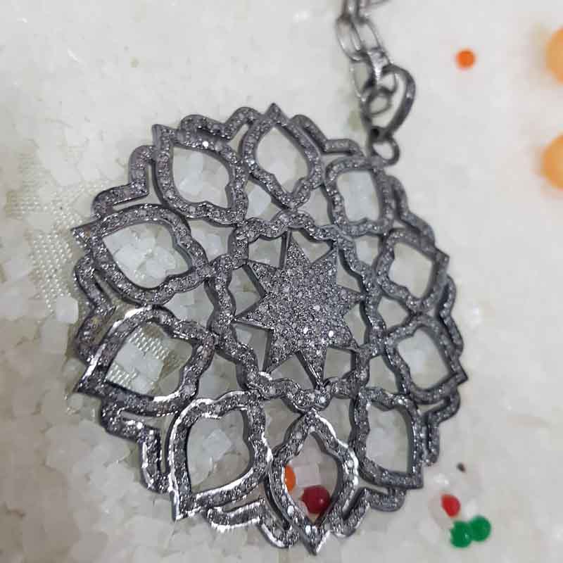 Flower Style Round Designer pave Diamond Silver pendent