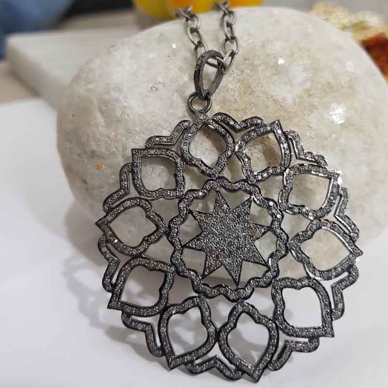 Flower Style Round Designer pave Diamond Silver pendent