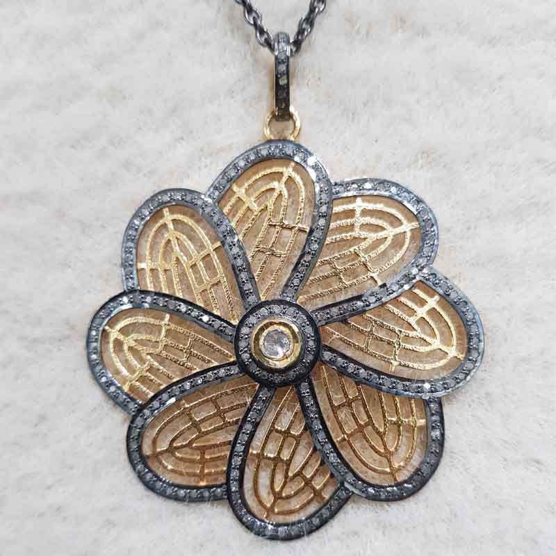 Shiny Yellow And Black Pave Diamond Handmade Designer Flower Pendent