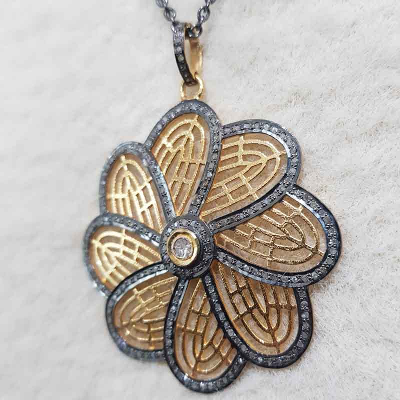 Shiny Yellow And Black Pave Diamond Handmade Designer Flower Pendent