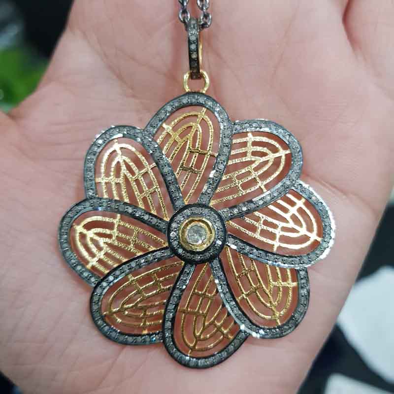 Shiny Yellow And Black Pave Diamond Handmade Designer Flower Pendent