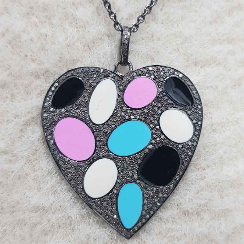 Glorious Multi Color Enamel Heart Pendent With Pave Layers