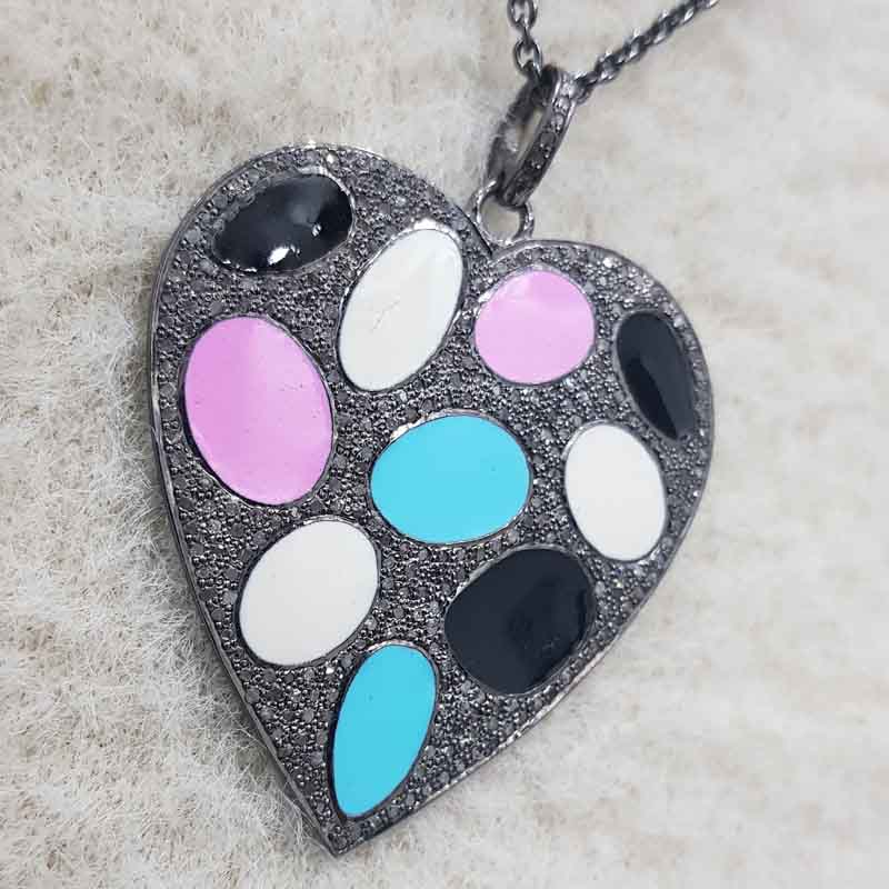 Glorious Multi Color Enamel Heart Pendent With Pave Layers