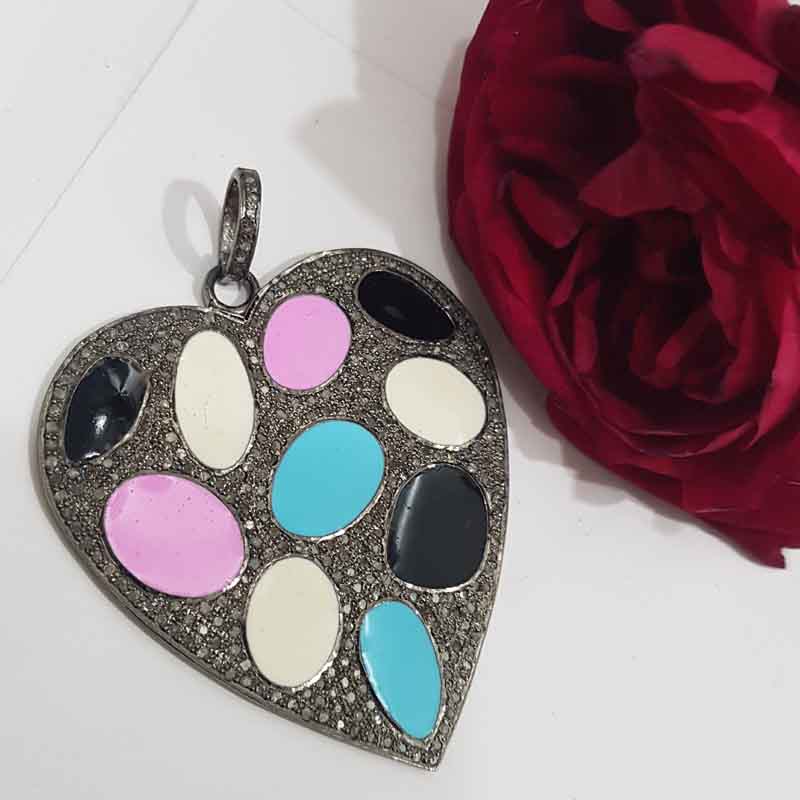 Glorious Multi Color Enamel Heart Pendent With Pave Layers